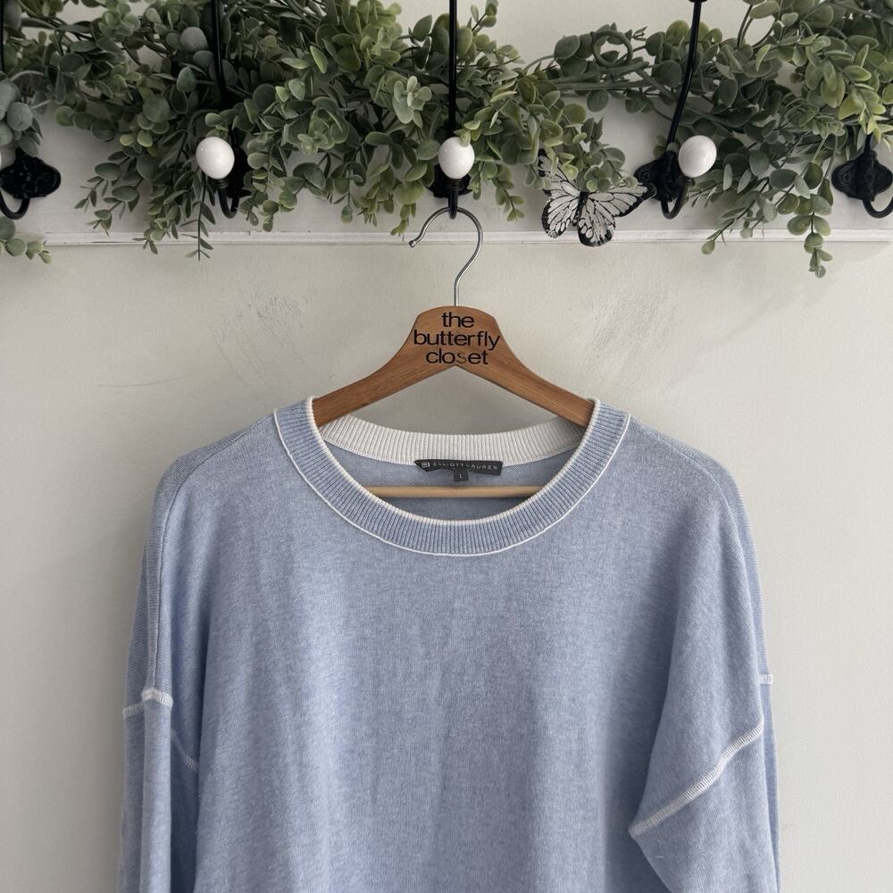Elliott Lauren Blue Cashmere Blend Mixed Fabric Crewneck Sweater Large #CV - Picture 2 of 4